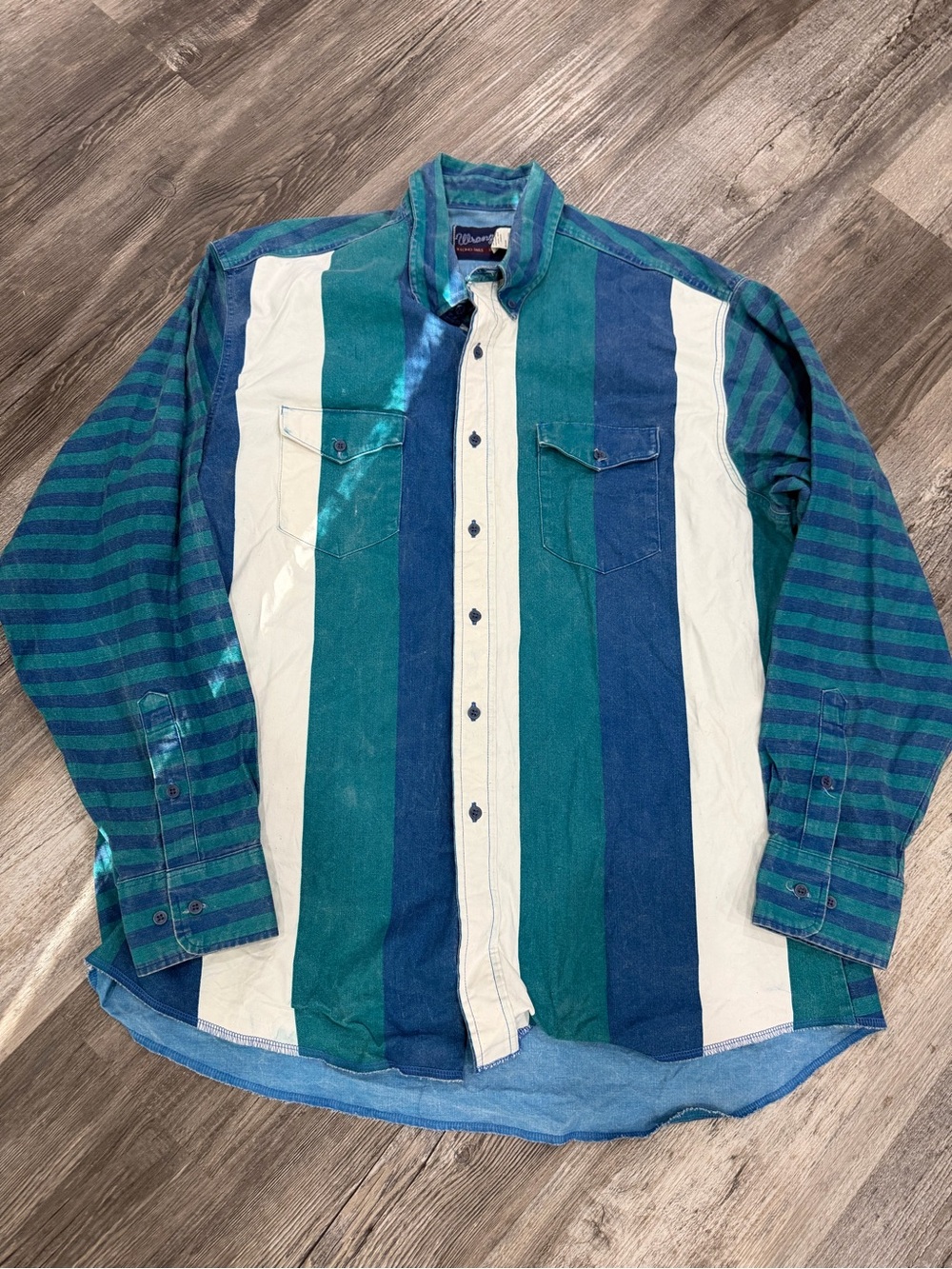 Wrangler Striped Button-Up Shirt Jacket in Teal, Blue & White